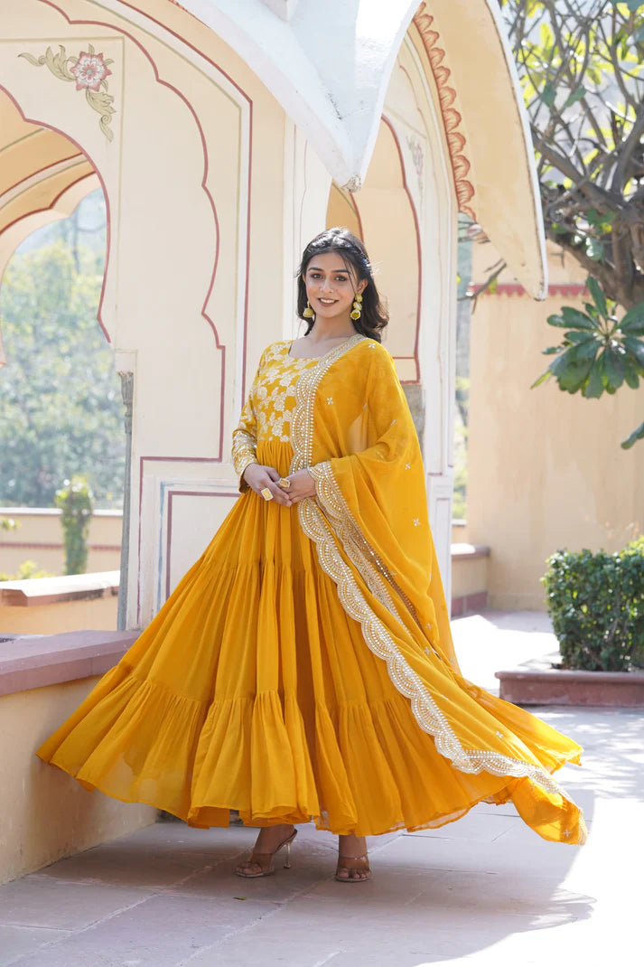 Faux Blooming gown with Viscose Dyable Jacquard With Sequins Embroidered Work Faux Blooming Dupatta(WD38) (01)