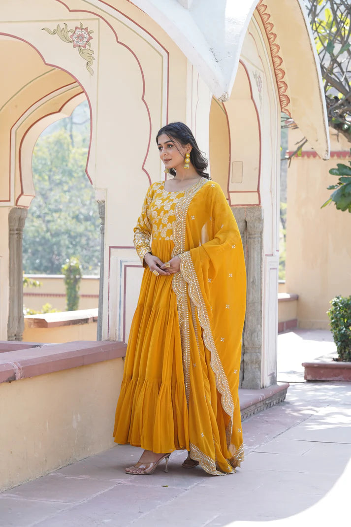Faux Blooming gown with Viscose Dyable Jacquard With Sequins Embroidered Work Faux Blooming Dupatta(WD38) (01)