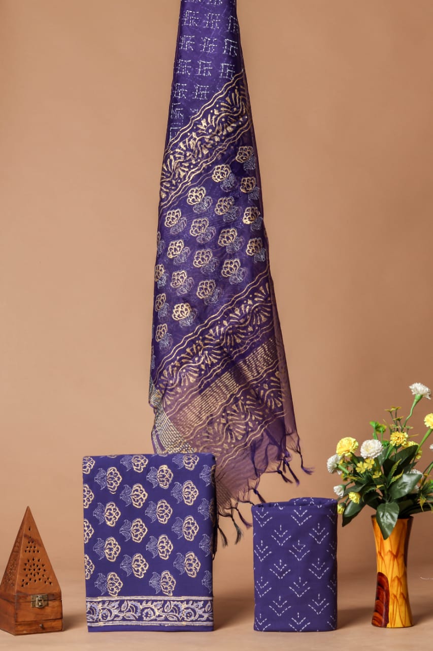 BLOCK PRINT COTTON SUIT SET WITH ORGANZA DUPATTA (SWORG21)