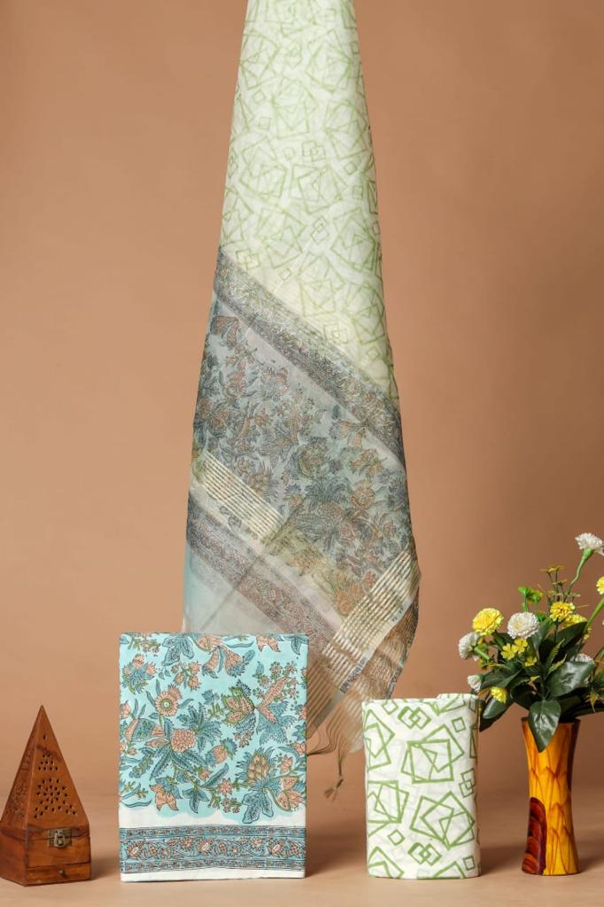 BLOCK PRINT COTTON SUIT SET WITH ORGANZA DUPATTA (SWORG22)