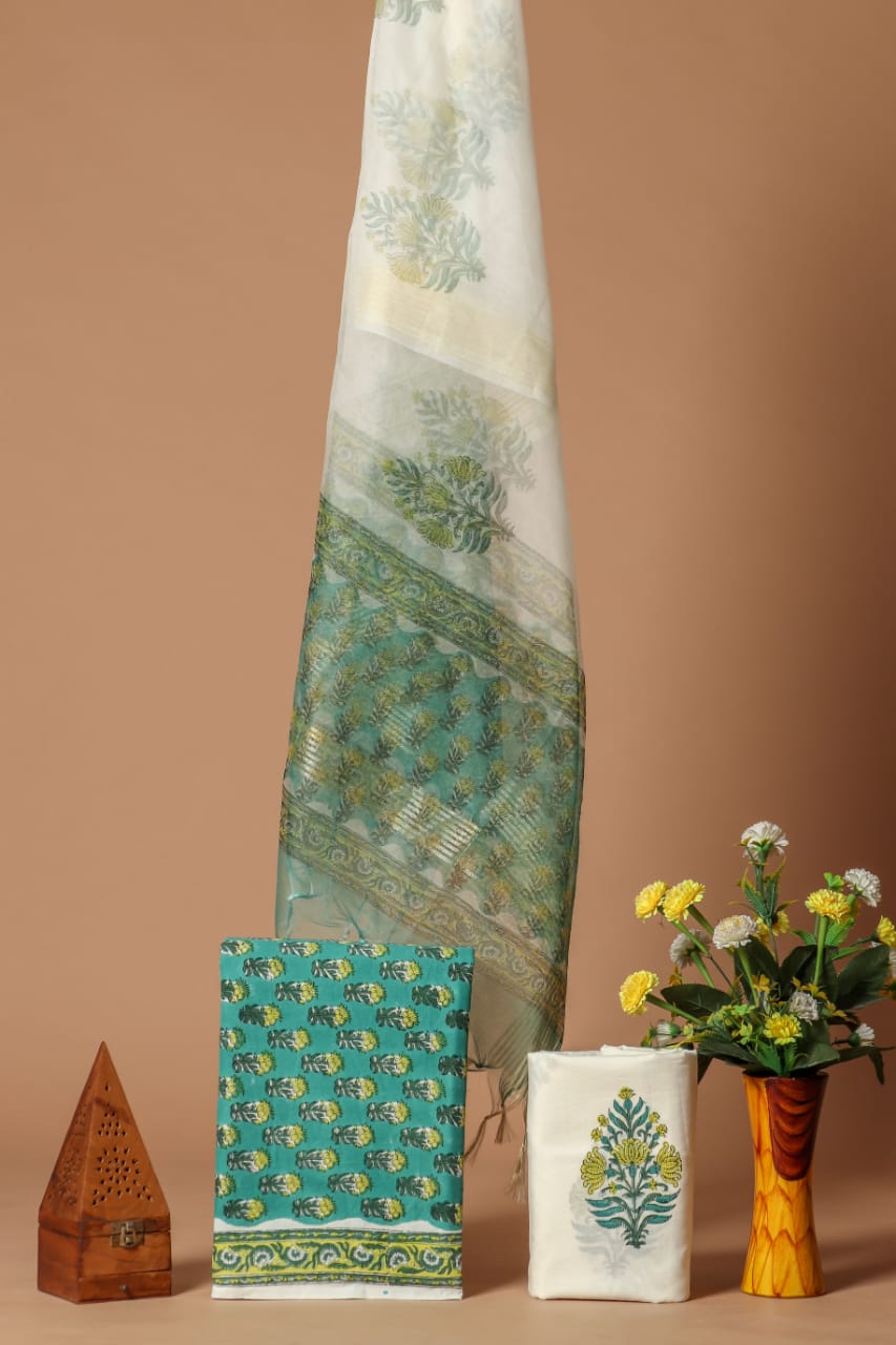 BLOCK PRINT COTTON SUIT SET WITH ORGANZA DUPATTA (SWORG23)
