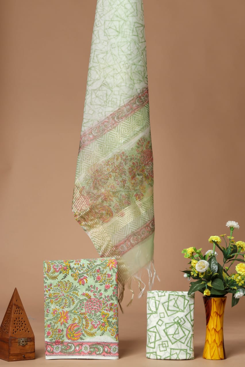 BLOCK PRINT COTTON SUIT SET WITH ORGANZA DUPATTA (SWORG24)