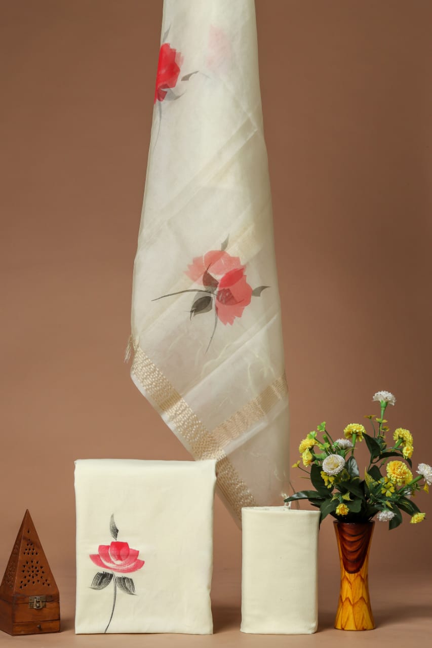 BLOCK PRINT COTTON SUIT SET WITH ORGANZA DUPATTA (SWORG26)