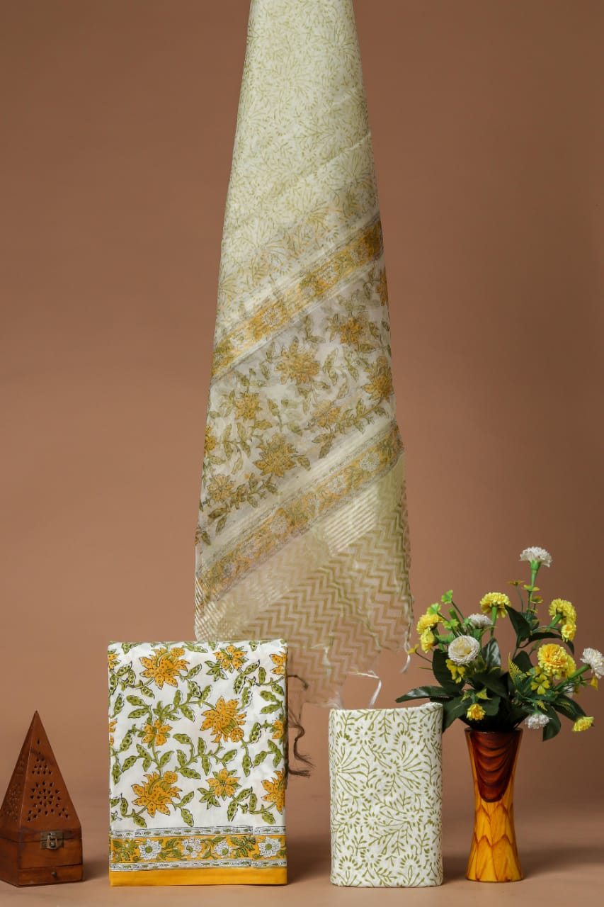 BLOCK PRINT COTTON SUIT SET WITH ORGANZA DUPATTA (SWORG27)