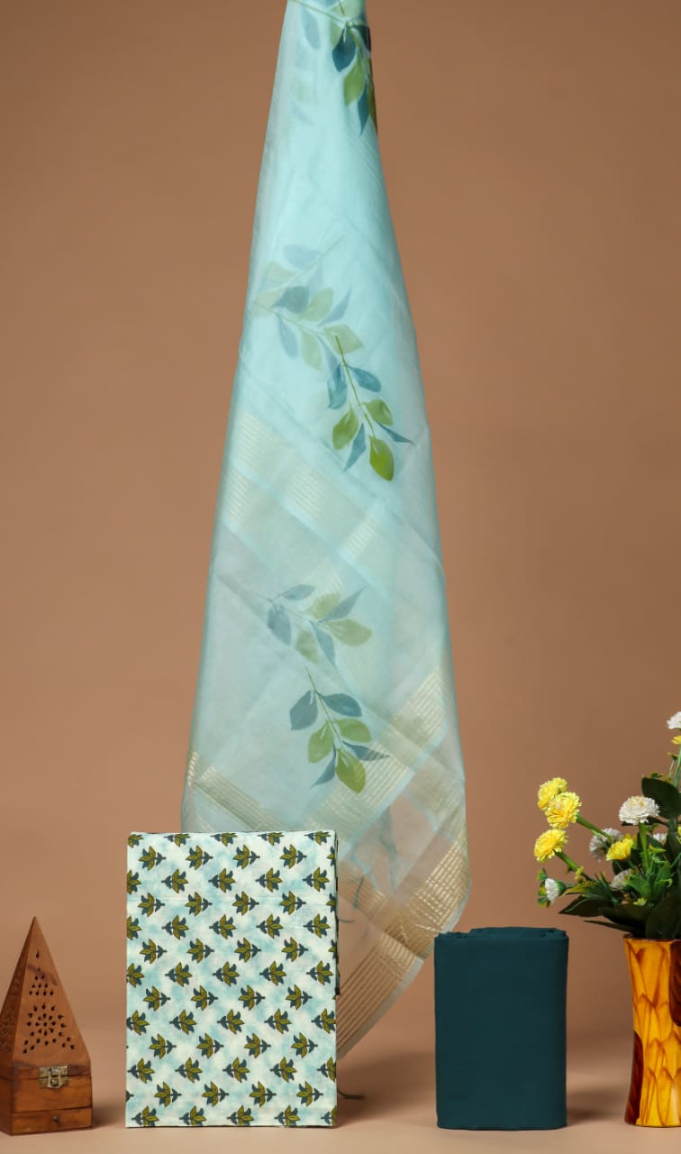 BLOCK PRINT COTTON SUIT SET WITH ORGANZA DUPATTA (SWORG28)