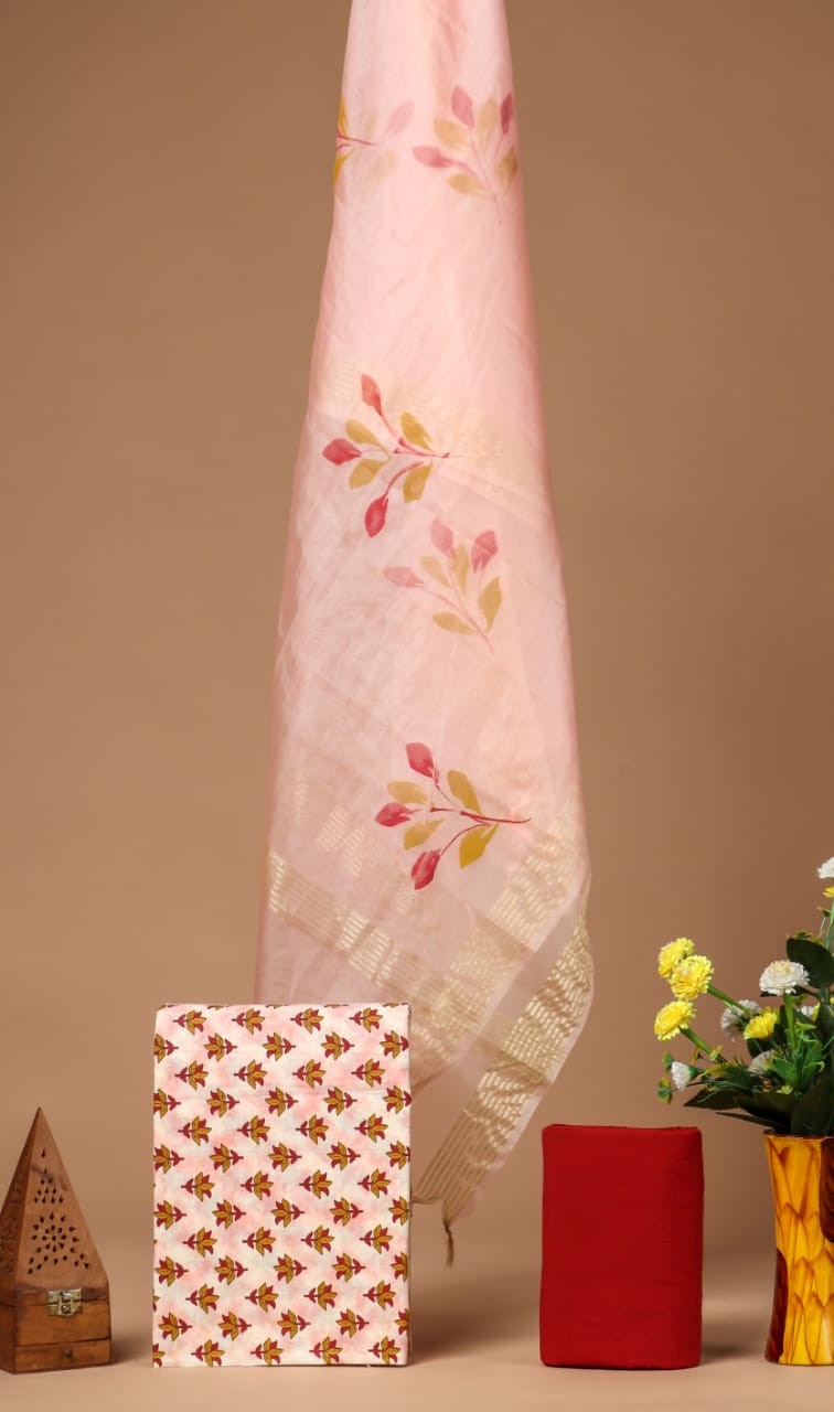 BLOCK PRINT COTTON SUIT SET WITH ORGANZA DUPATTA (SWORG29)