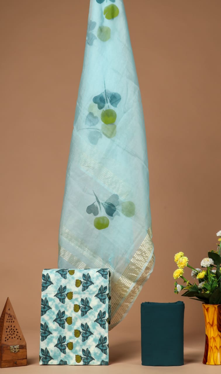 BLOCK PRINT COTTON SUIT SET WITH ORGANZA DUPATTA (SWORG34)