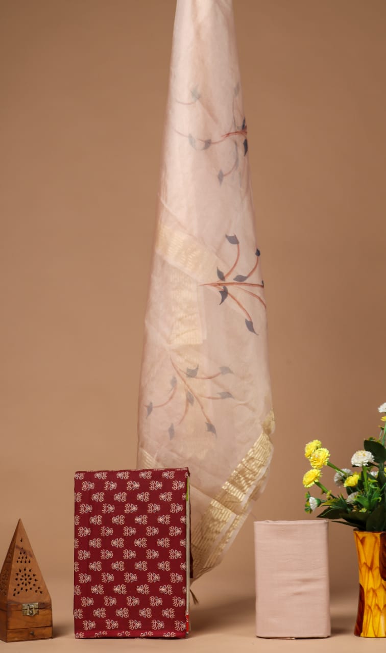 BLOCK PRINT COTTON SUIT SET WITH ORGANZA DUPATTA (SWORG35)