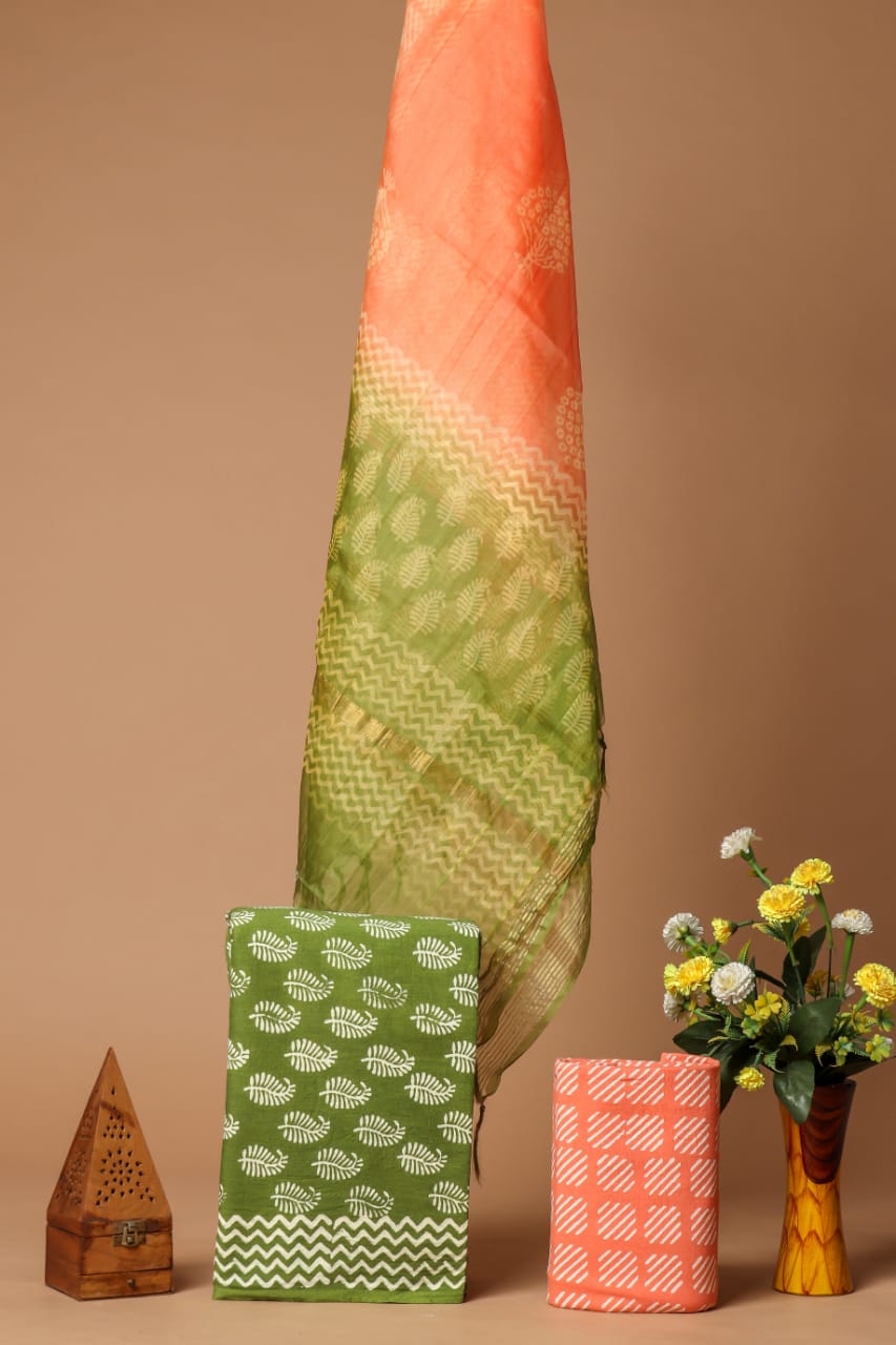 BLOCK PRINT COTTON SUIT SET WITH ORGANZA DUPATTA (SWORG37)