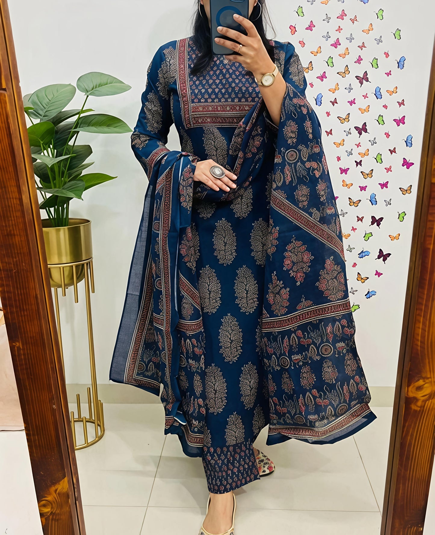 New Ajrakh Print Straight Kurta 3 pcs set with new style (SWSK47)