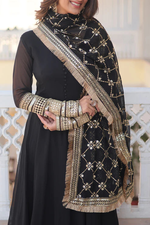 Faux Blooming Gown with Dupatta With Attractive Embroidered Sequins work with Lace Border(WD27)