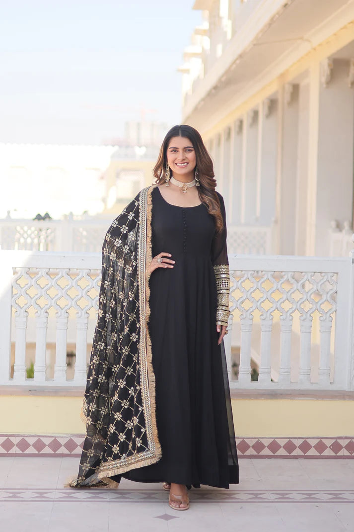 Faux Blooming Gown with Dupatta With Attractive Embroidered Sequins work with Lace Border(WD27)