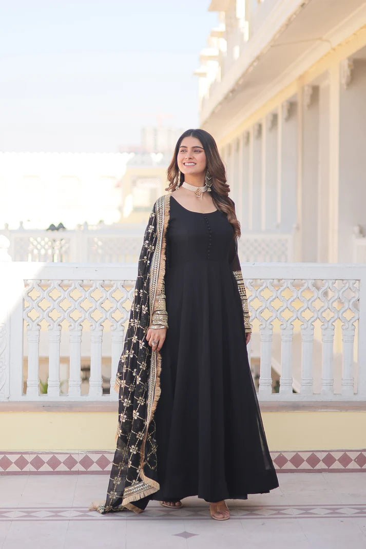 Faux Blooming Gown with Dupatta With Attractive Embroidered Sequins work with Lace Border(WD27)
