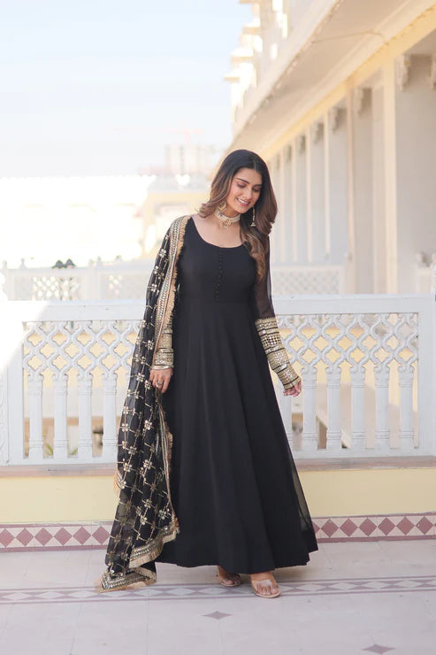 Faux Blooming Gown with Dupatta With Attractive Embroidered Sequins work with Lace Border(WD27)