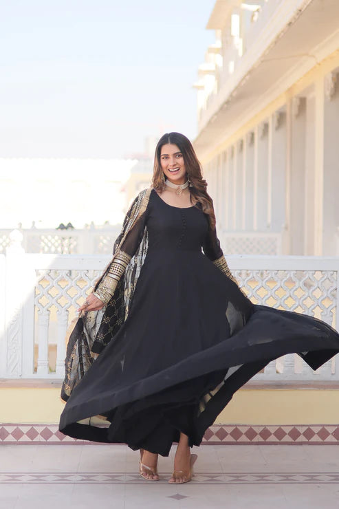 Faux Blooming Gown with Dupatta With Attractive Embroidered Sequins work with Lace Border(WD27)