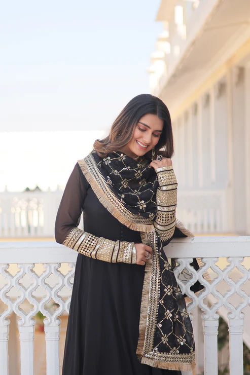 Faux Blooming Gown with Dupatta With Attractive Embroidered Sequins work with Lace Border(WD27)