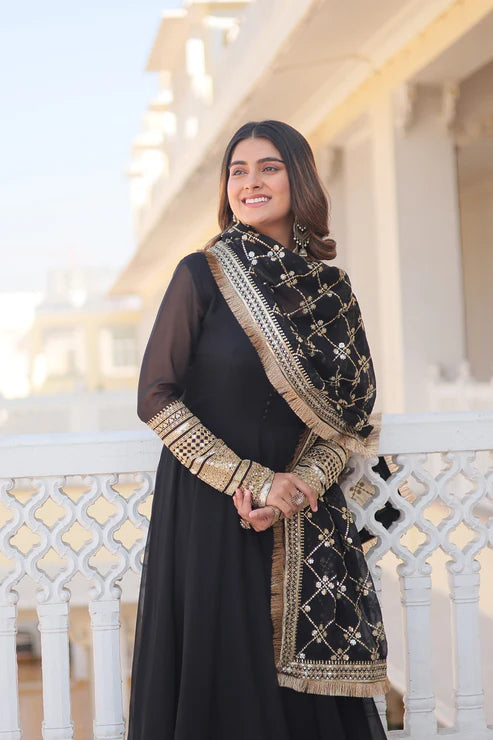 Faux Blooming Gown with Dupatta With Attractive Embroidered Sequins work with Lace Border(WD27)