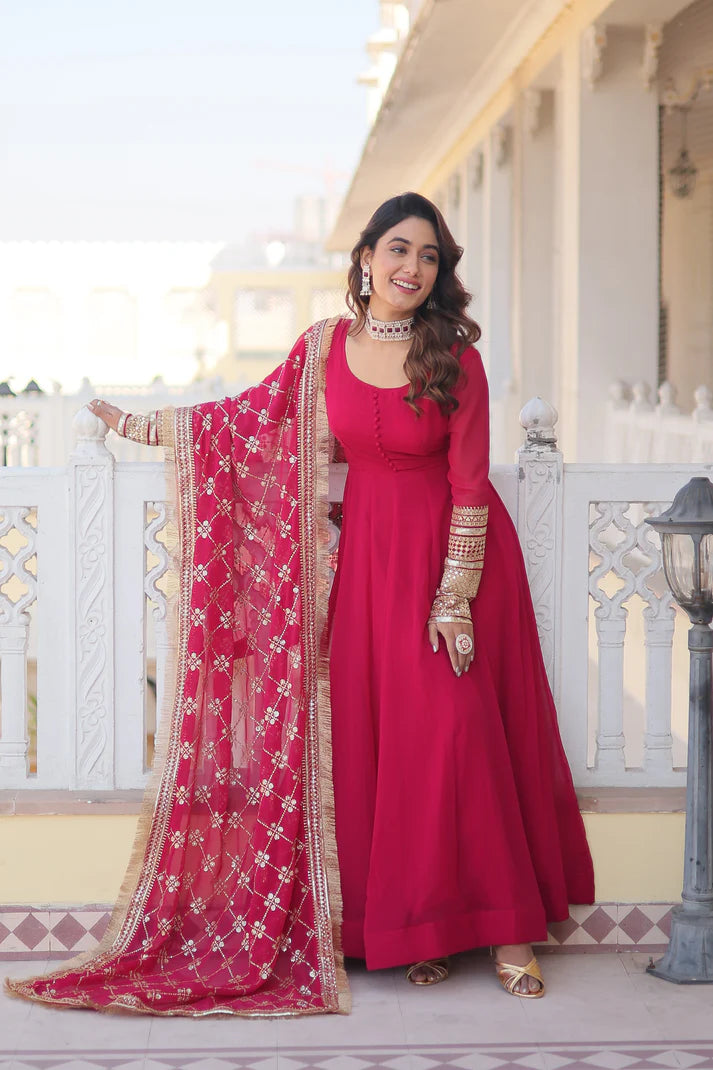 Faux Blooming Gown with Dupatta With Attractive Embroidered Sequins work with Lace Border(WD27) (02)