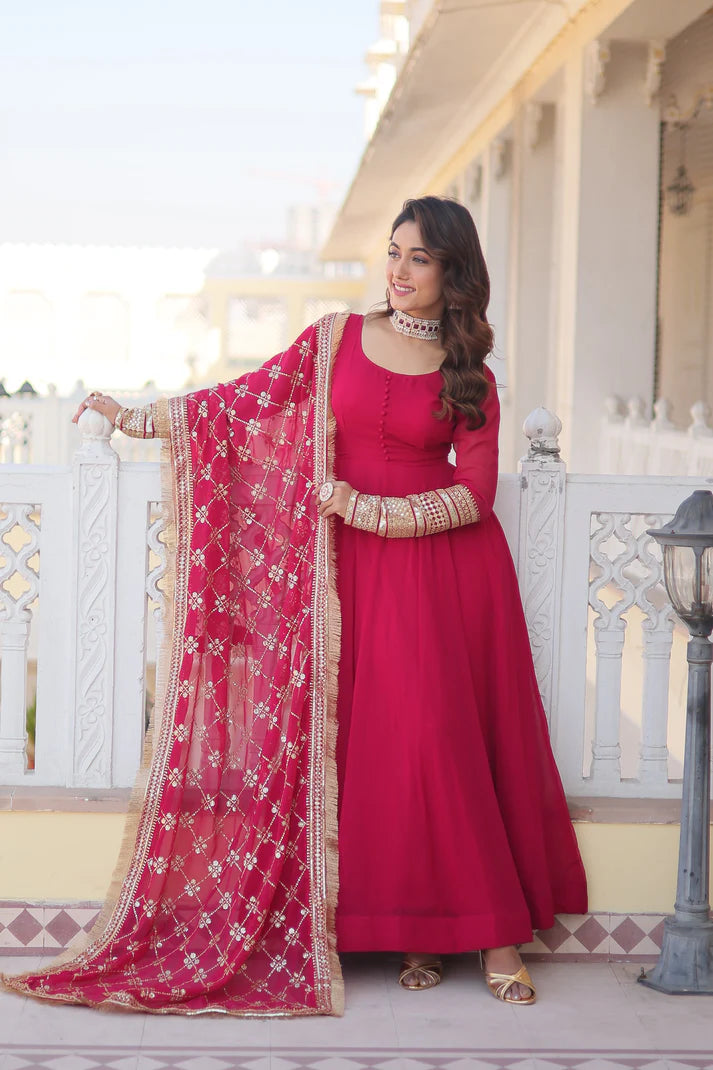Faux Blooming Gown with Dupatta With Attractive Embroidered Sequins work with Lace Border(WD27) (02)