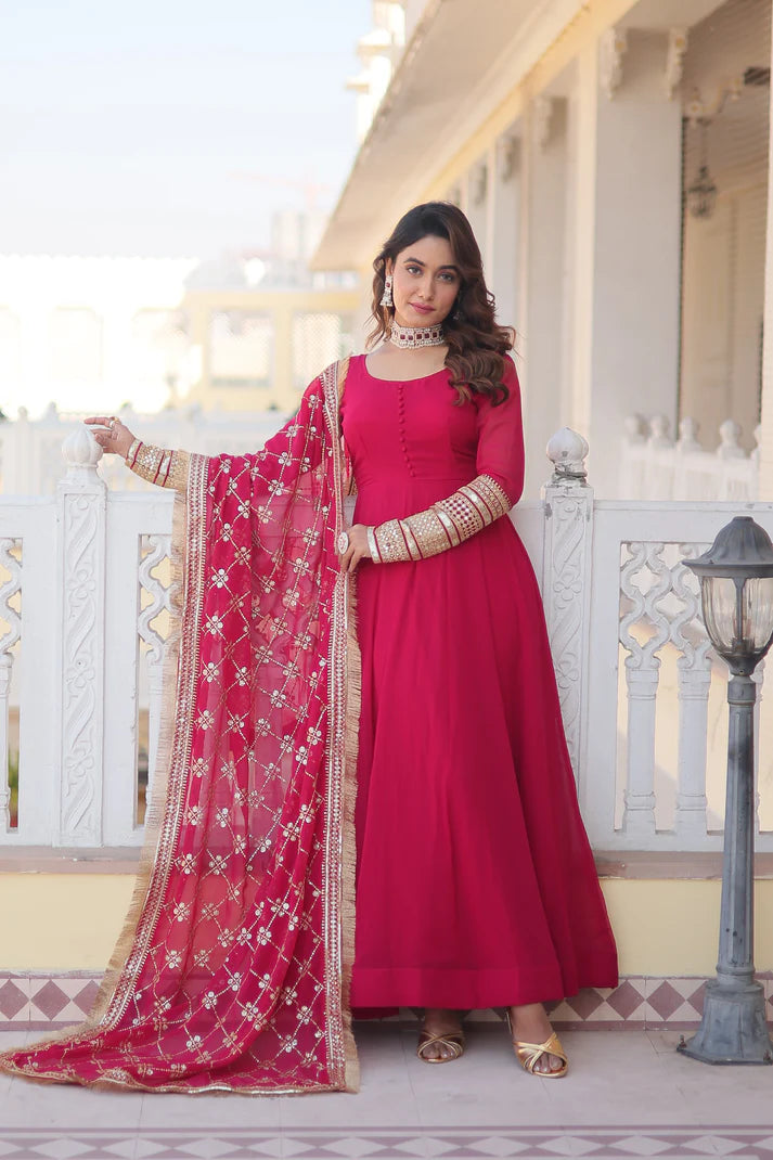 Faux Blooming Gown with Dupatta With Attractive Embroidered Sequins work with Lace Border(WD27) (02)