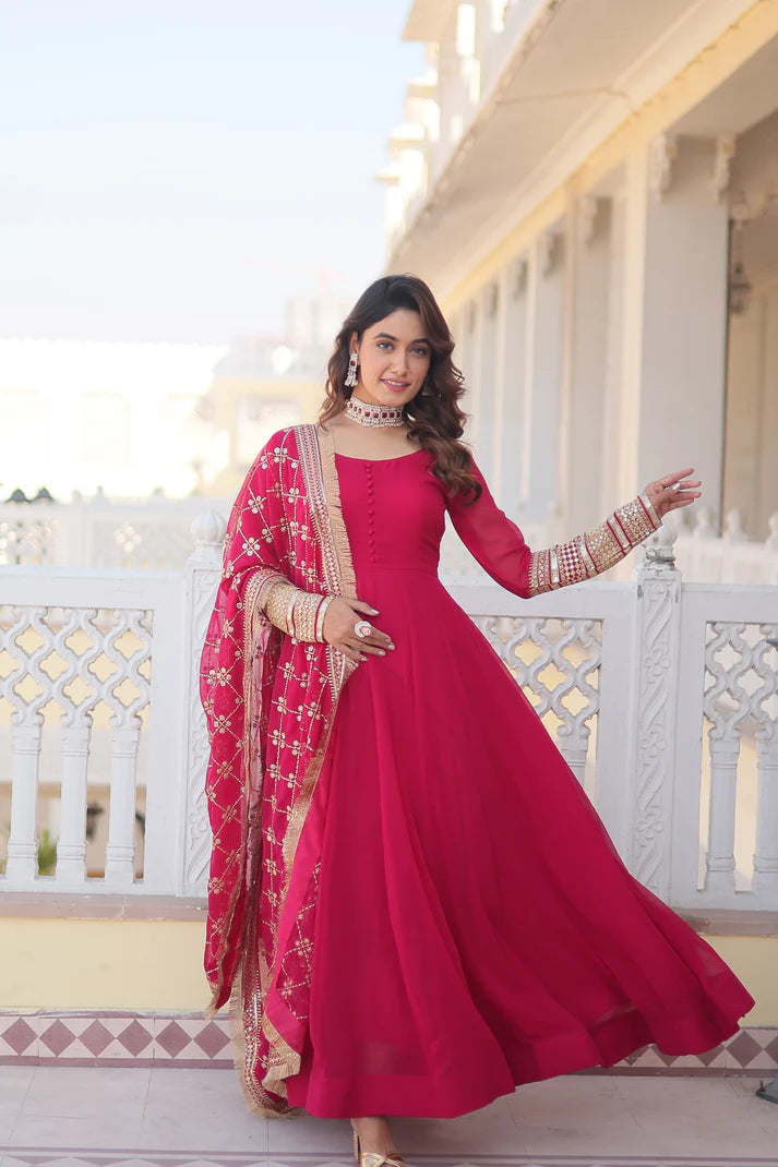 Faux Blooming Gown with Dupatta With Attractive Embroidered Sequins work with Lace Border(WD27) (02)