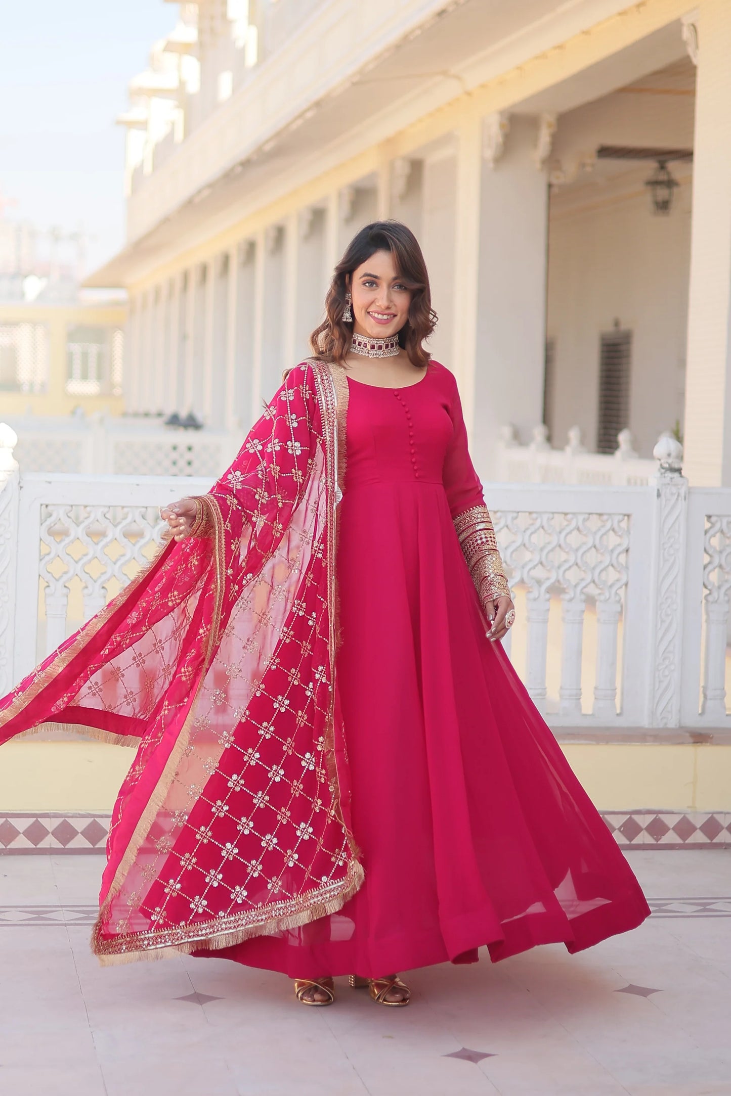 Faux Blooming Gown with Dupatta With Attractive Embroidered Sequins work with Lace Border(WD27) (02)