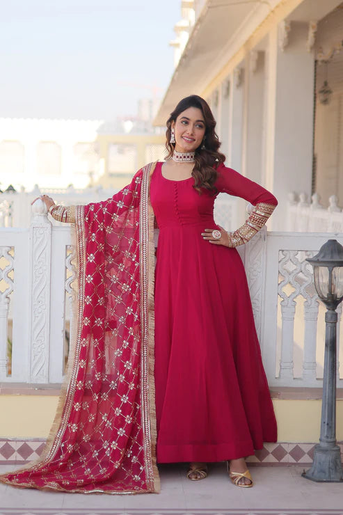 Faux Blooming Gown with Dupatta With Attractive Embroidered Sequins work with Lace Border(WD27) (02)