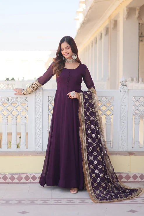 Faux Blooming Gown with Dupatta With Attractive Embroidered Sequins work with Lace Border(WD27) (01)