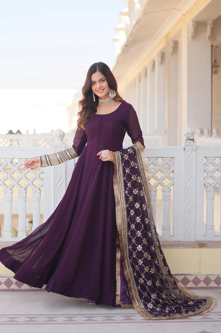 Faux Blooming Gown with Dupatta With Attractive Embroidered Sequins work with Lace Border(WD27) (01)