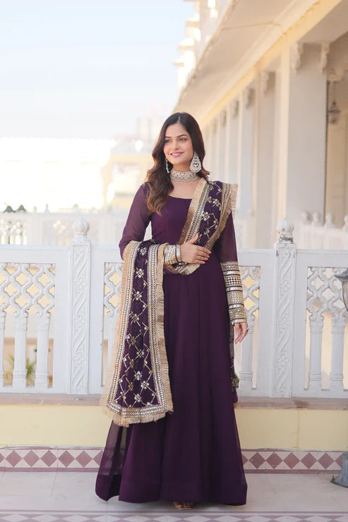 Faux Blooming Gown with Dupatta With Attractive Embroidered Sequins work with Lace Border(WD27) (01)