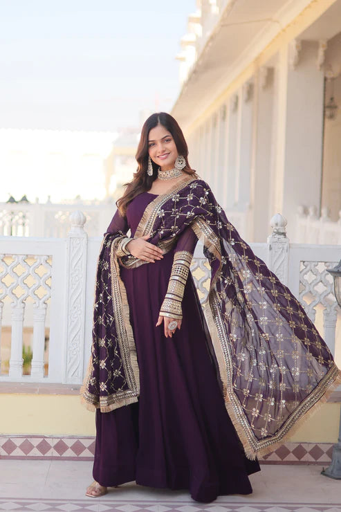 Faux Blooming Gown with Dupatta With Attractive Embroidered Sequins work with Lace Border(WD27) (01)