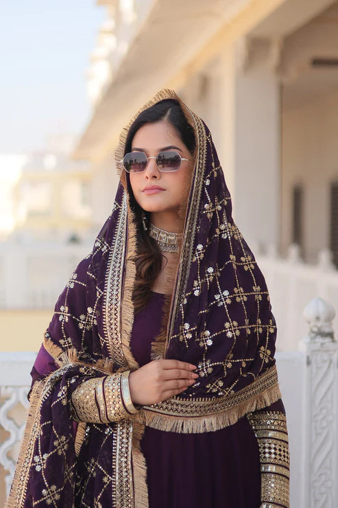 Faux Blooming Gown with Dupatta With Attractive Embroidered Sequins work with Lace Border(WD27) (01)