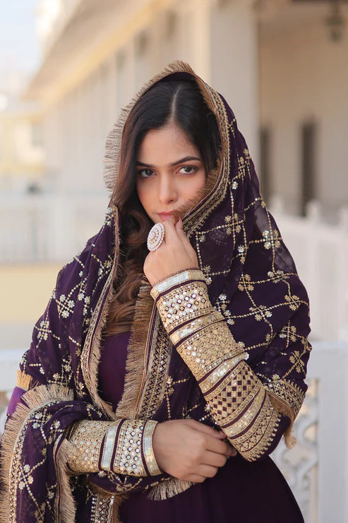 Faux Blooming Gown with Dupatta With Attractive Embroidered Sequins work with Lace Border(WD27) (01)