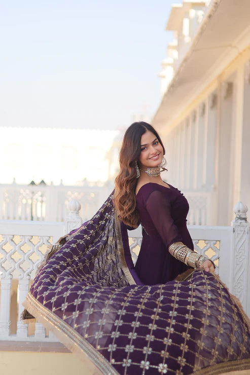 Faux Blooming Gown with Dupatta With Attractive Embroidered Sequins work with Lace Border(WD27) (01)