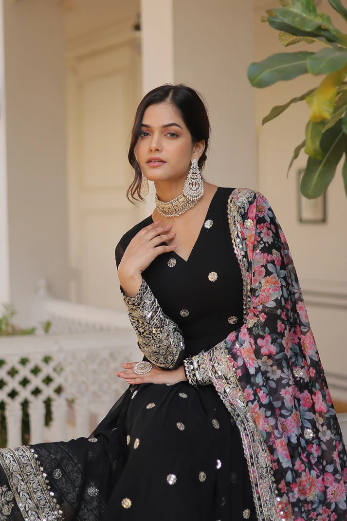 Faux Georgette with Embroidery Zari Sequins-work premium gown(WD18)