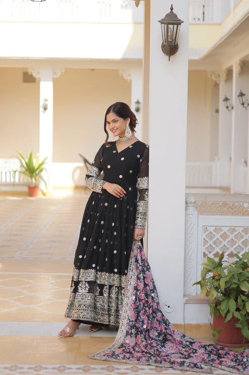 Faux Georgette with Embroidery Zari Sequins-work premium gown(WD18)