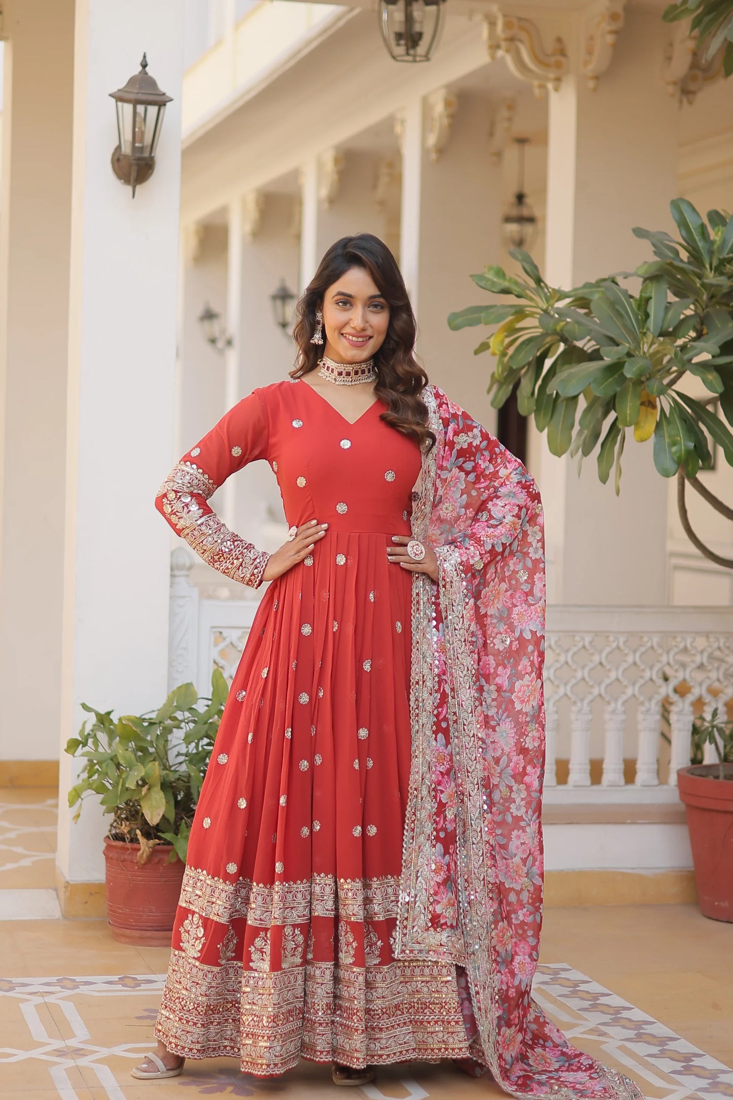 Faux Georgette with Embroidery Zari Sequins-work premium gown(WARED337)