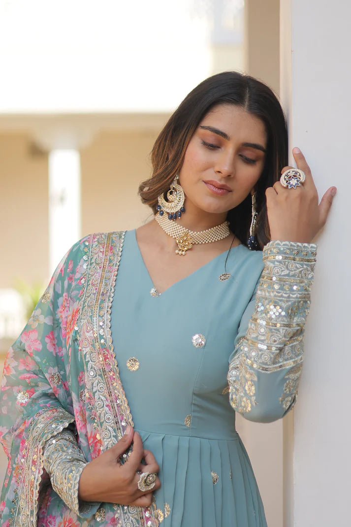 Faux Georgette with Embroidery Zari Sequins-work premium gown(WD18) (01)