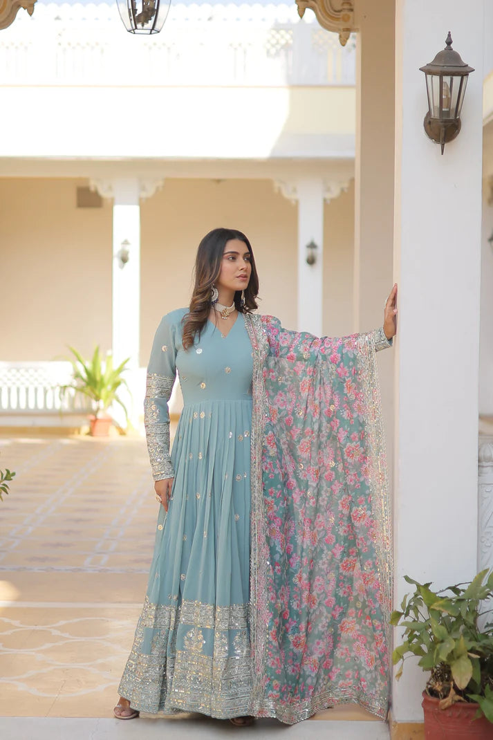Faux Georgette with Embroidery Zari Sequins-work premium gown(WD18) (01)