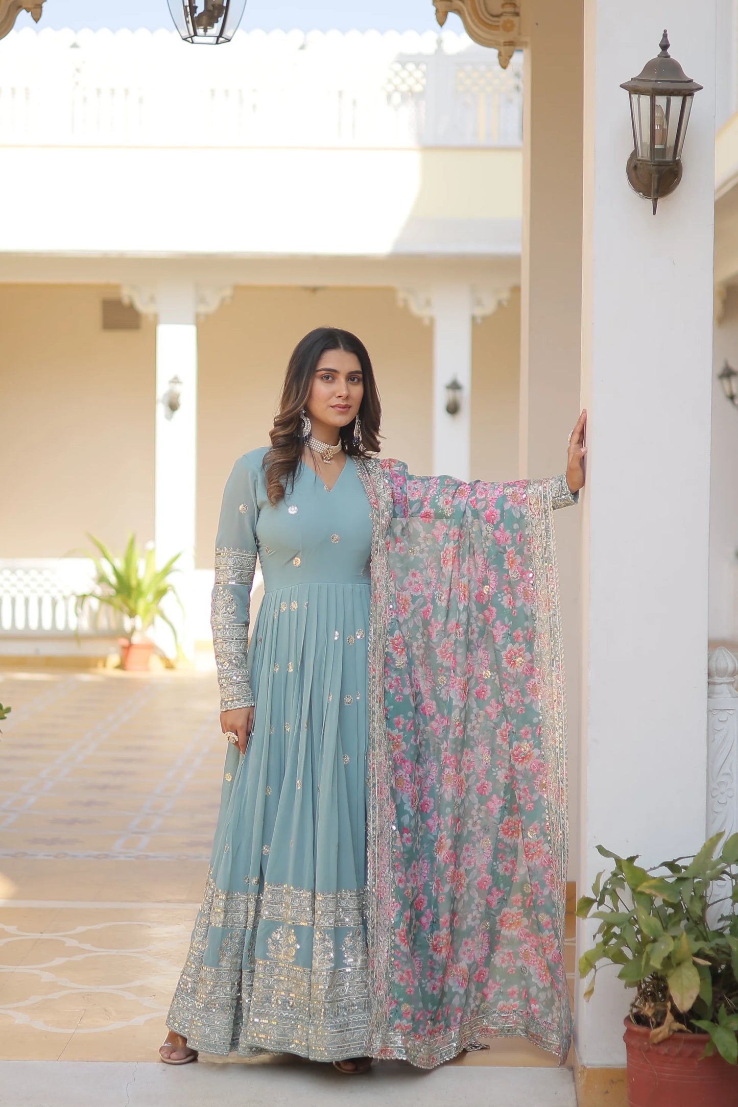 Faux Georgette with Embroidery Zari Sequins-work premium gown(WARED338)