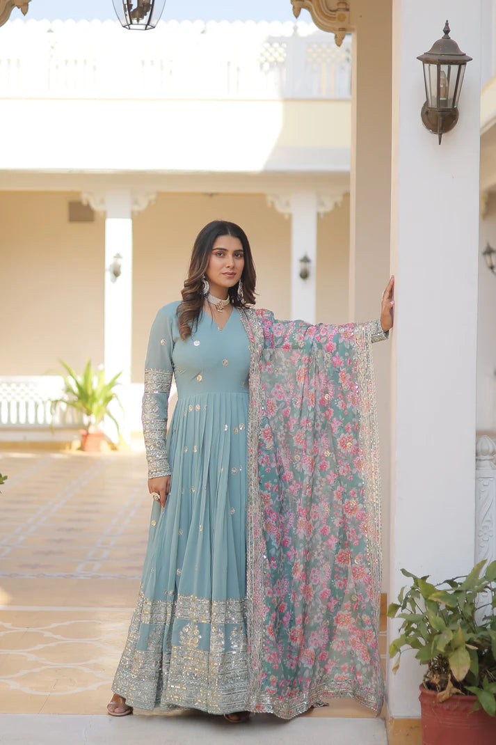 Faux Georgette with Embroidery Zari Sequins-work premium gown(WD18) (01)