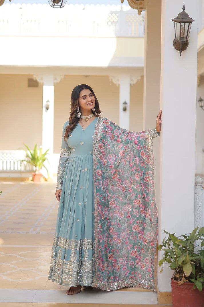 Faux Georgette with Embroidery Zari Sequins-work premium gown(WD18) (01)