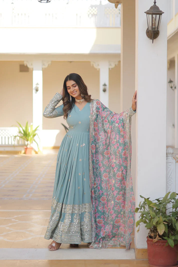 Faux Georgette with Embroidery Zari Sequins-work premium gown(WD18) (01)