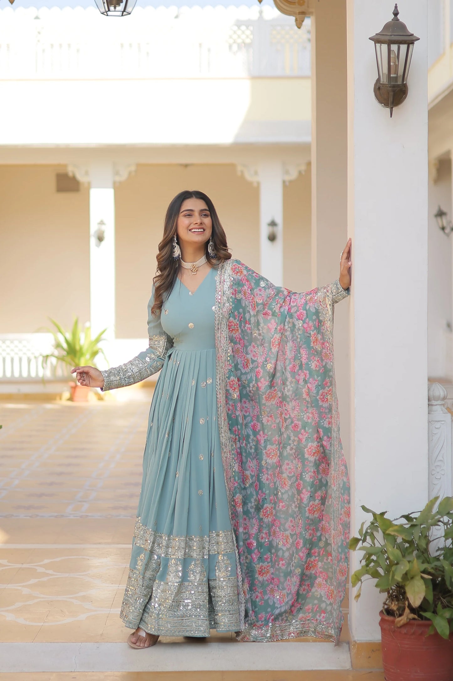 Faux Georgette with Embroidery Zari Sequins-work premium gown(WARED338)