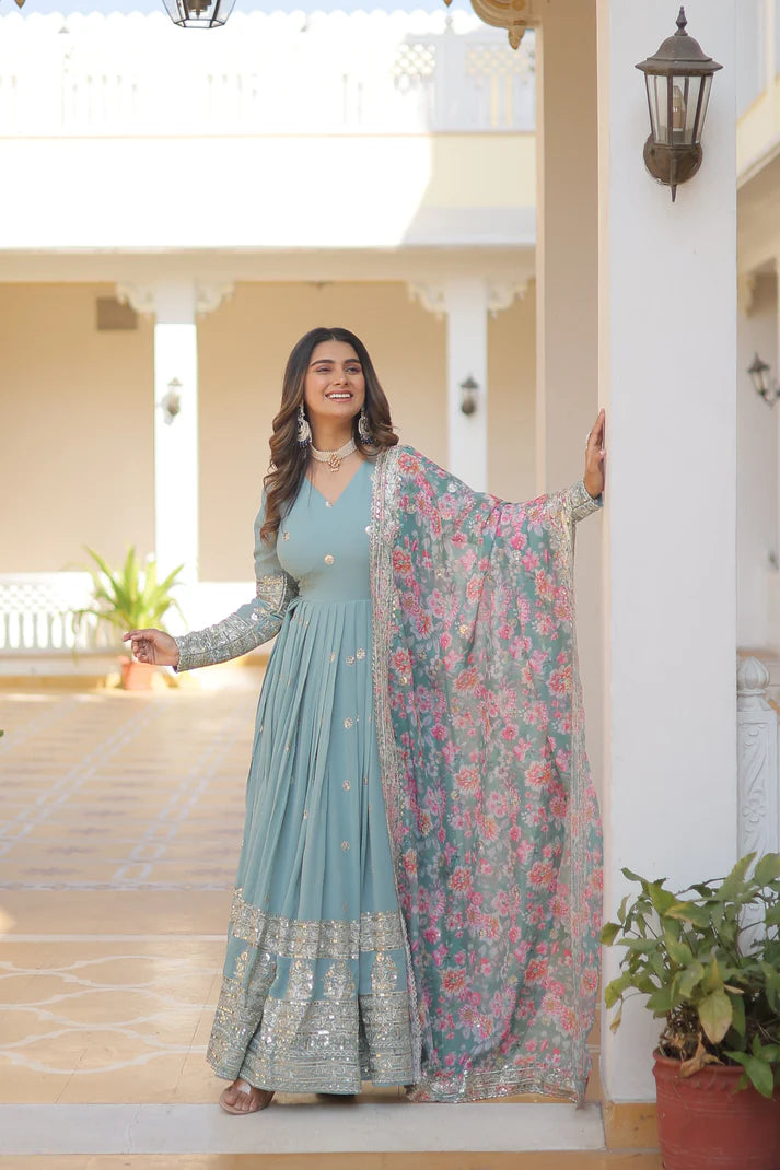 Faux Georgette with Embroidery Zari Sequins-work premium gown(WD18) (01)