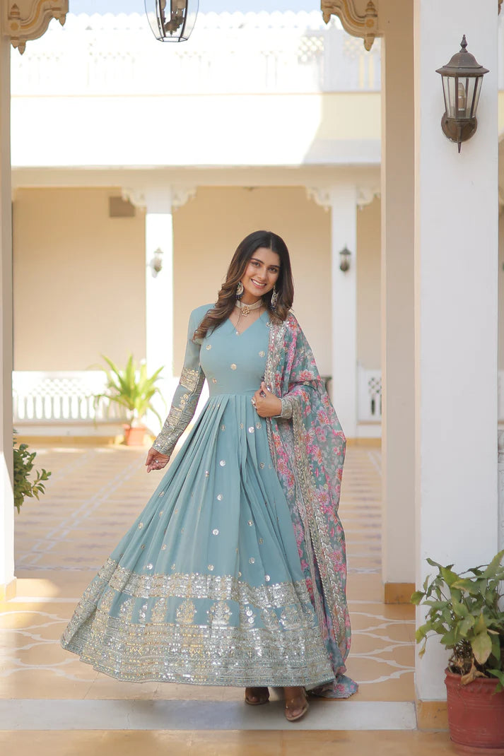 Faux Georgette with Embroidery Zari Sequins-work premium gown(WD18) (01)