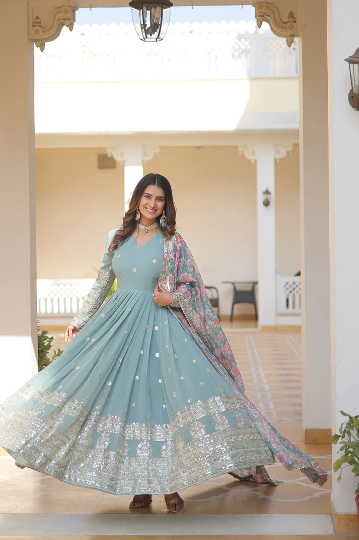 Faux Georgette with Embroidery Zari Sequins-work premium gown(WD18) (01)