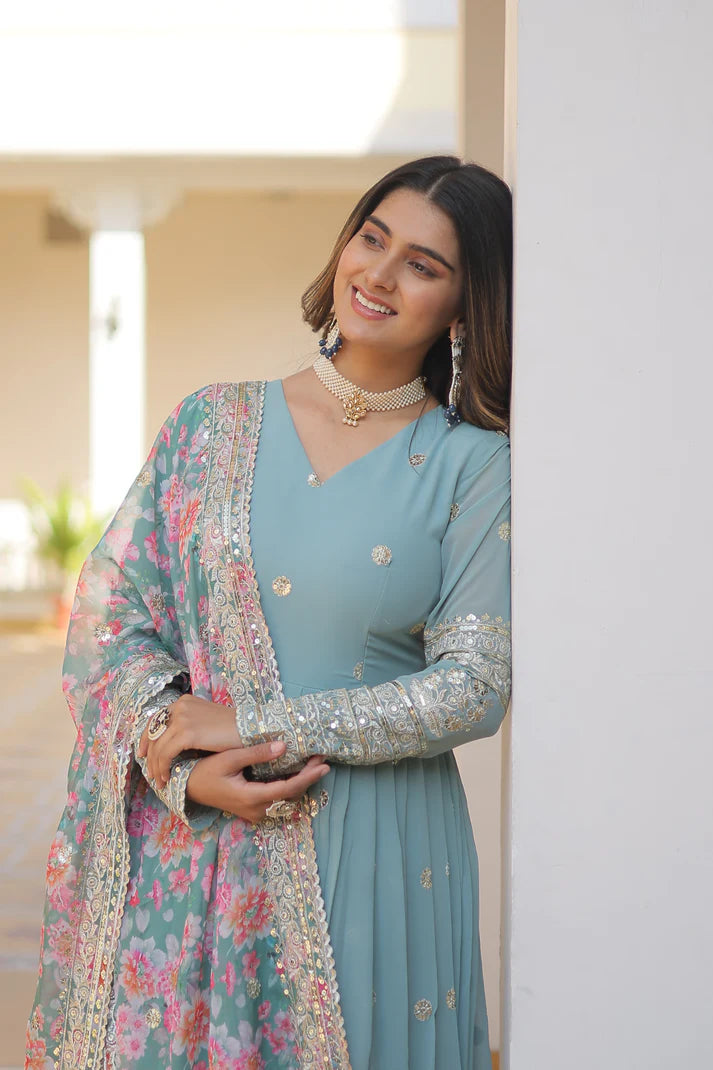 Faux Georgette with Embroidery Zari Sequins-work premium gown(WD18) (01)