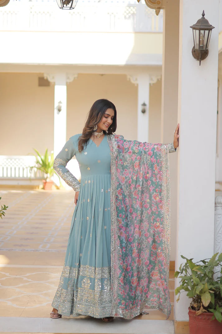 Faux Georgette with Embroidery Zari Sequins-work premium gown(WD18) (01)