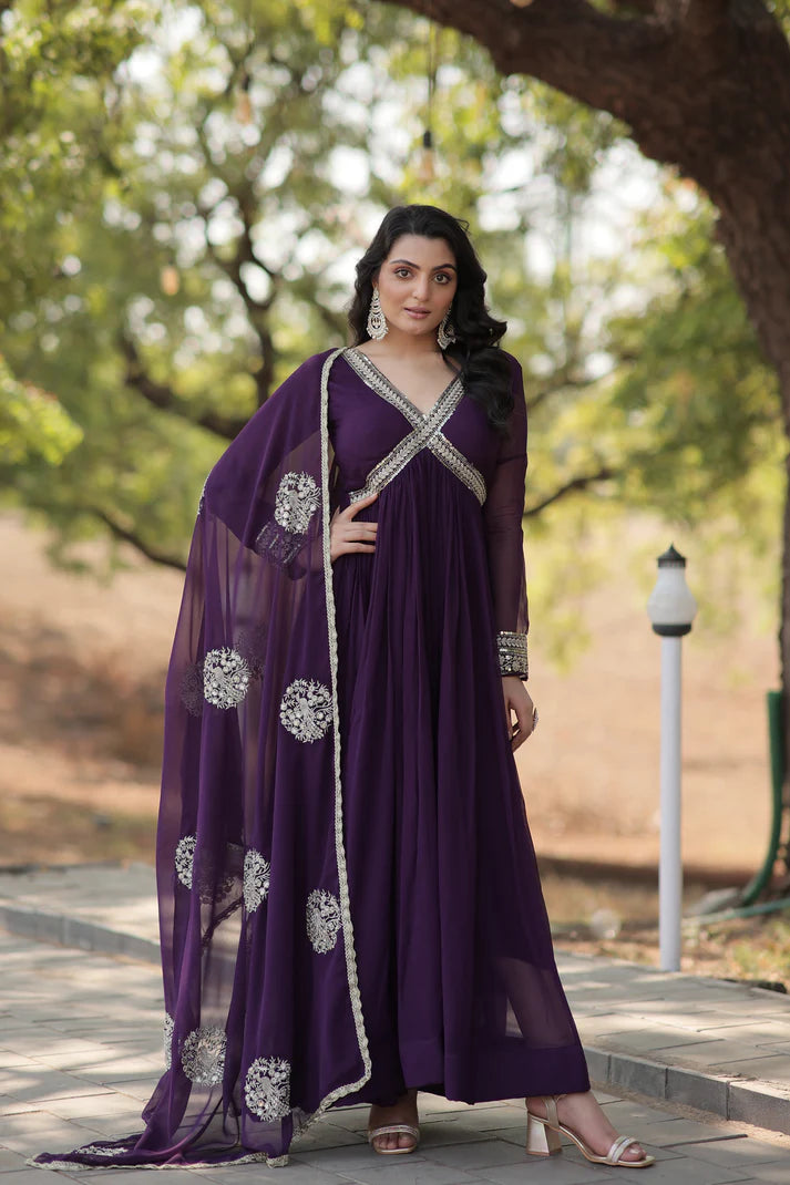 Faux Blooming gown with Viscose Dyable Jacquard With Sequins Embroidered Work Faux Blooming Dupatta(WD38)